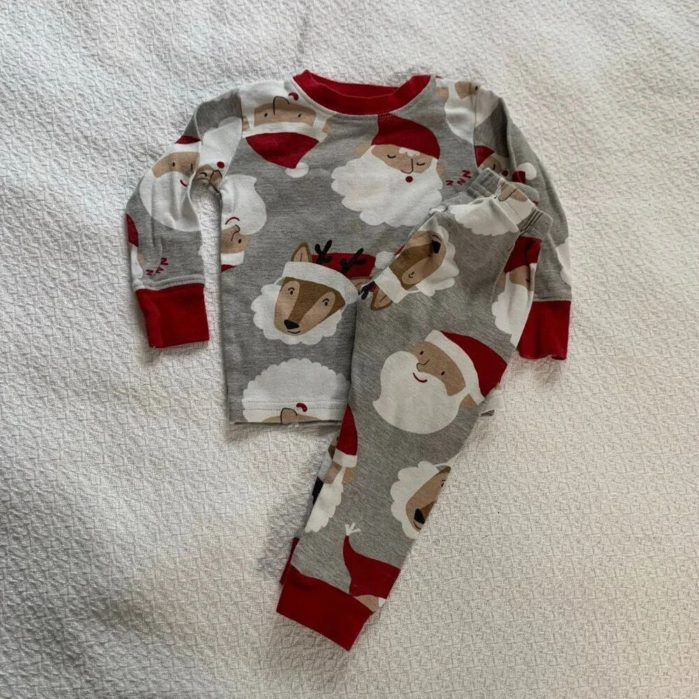 5/$25 Carter's 12M‎ Santa Reindeer Christmas Pajama Set Gray Red 2pc